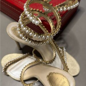 Rene Caovilla Gold Heels with Pearl Accents
